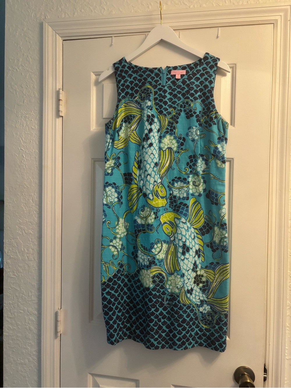 Lilly Pulitzer Turquoise Koi-Print Sleeveless Shift Dress sz 10